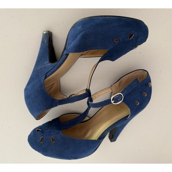 ModCloth Graham Street Heels Size 7.5 Blue Suede T-Strap Retro Vintage Style - Picture 7 of 9